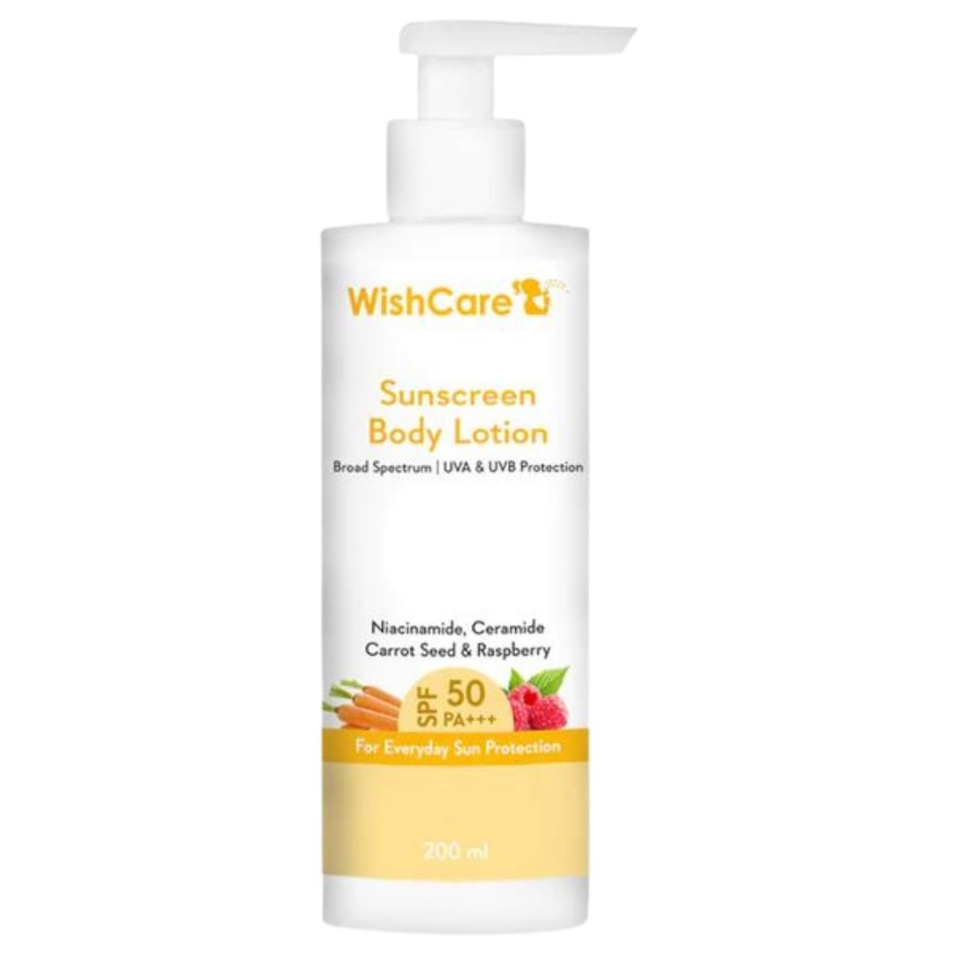 

WishCare Sunscreen Body Lotion SPF50 PA+++ 200ml for All Skin Types Broad Spectrum UV Protection carrot seed & raspberry