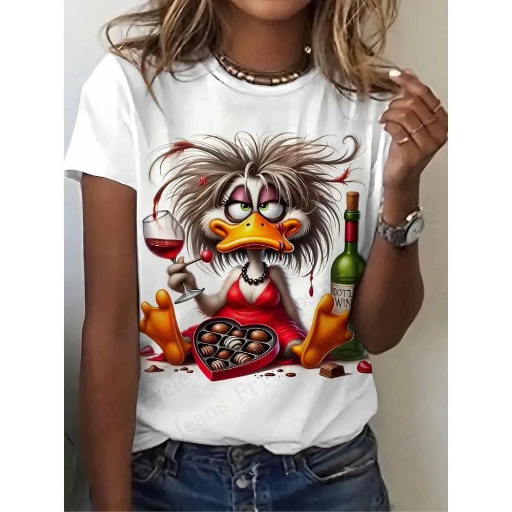 Anime Cat and Duck 3D Printed Pattern T-shirt for Women, Fashionable and Casual Cartoon Plus Size Short Sleeved Top T-shirt for Women, Clothing Animal