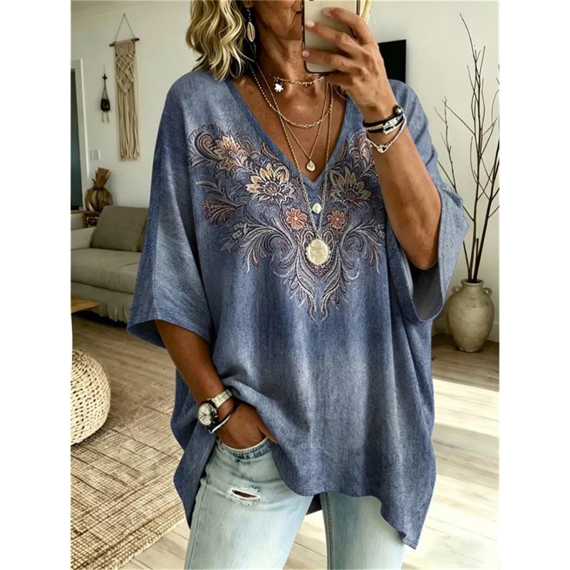 T-shirt da Donna Taglie Forti Scollo a V Maniche a Pipistrello Stampa Etnica Boemia Top Largo Estivo Comodo Traspirante Quotidiano Casual Stile Modellante