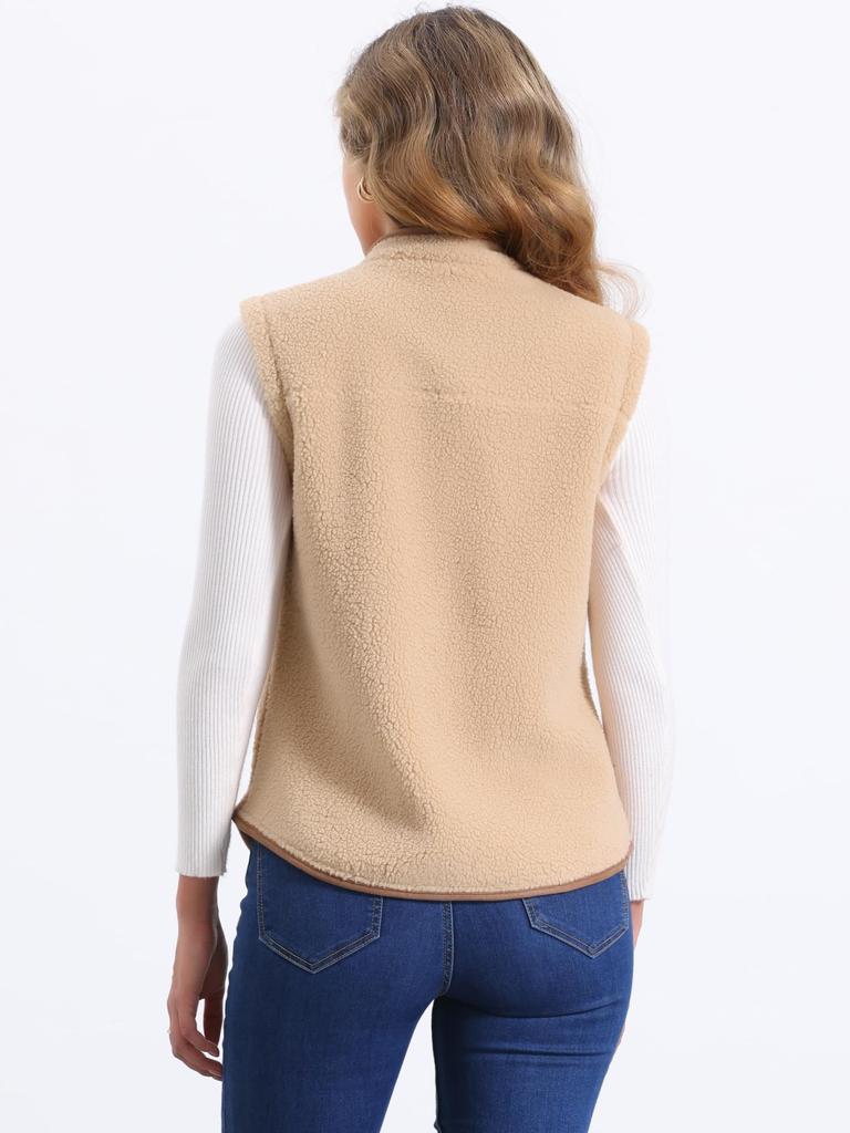Allegra K Women's Fleece Vest, Soft Plush Outerwear with Pockets and Buttons, Sleeveless Fuzzy Jacket, Brown, Size L