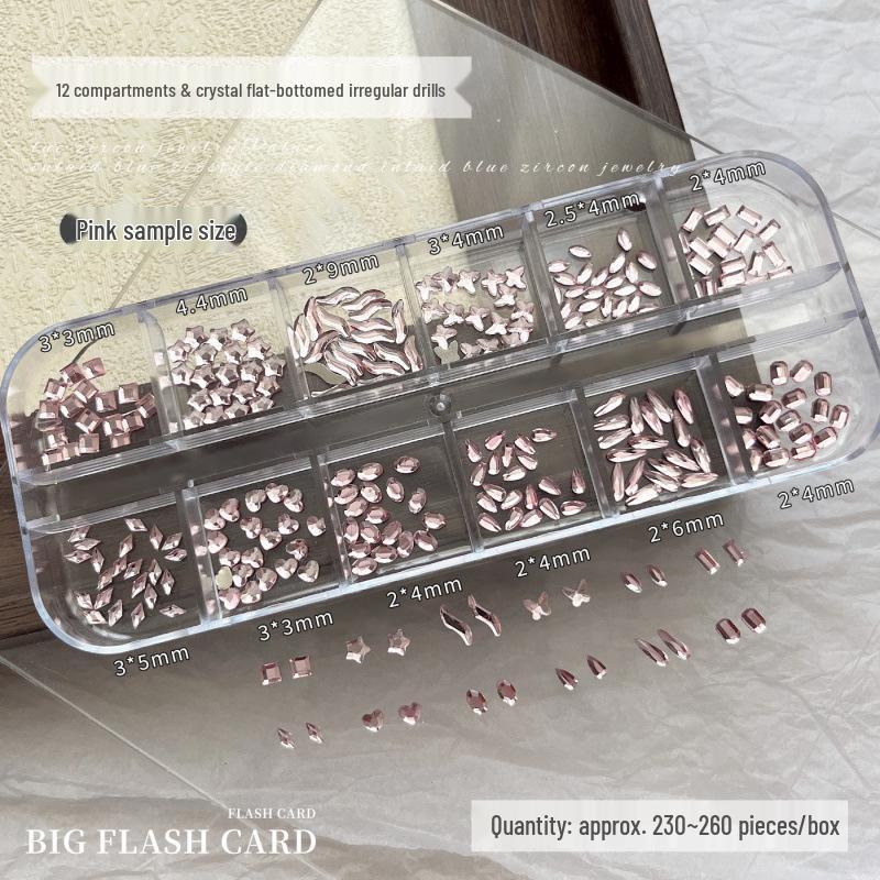 Flat-Bottom Irregular Diamond Nail Art Accessories: 12-Grids Crystal Champagne Pink DIY Nail Drills