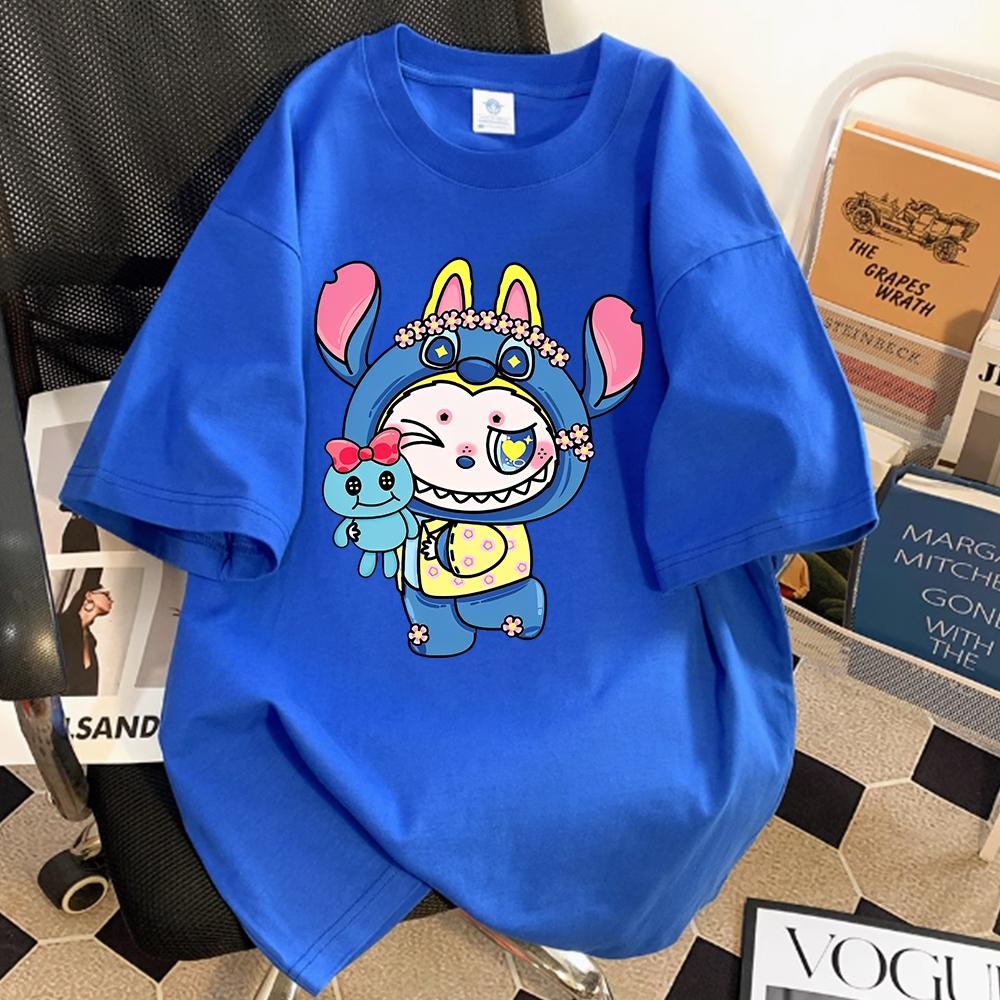 New LABUBU Cartoon Print Short Sleeved T-shirt Women's Round Neck Top Cute Loose Casual Fashion Daily