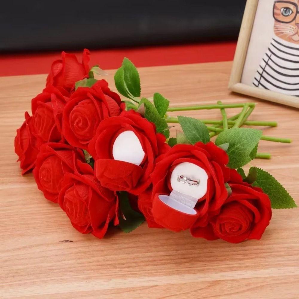 Creative Wedding Ring Holder Red Velvet Earrings Rose Flower Ring Box 3D Red Rose Flocked Artificial Rose Ring Bearer Case