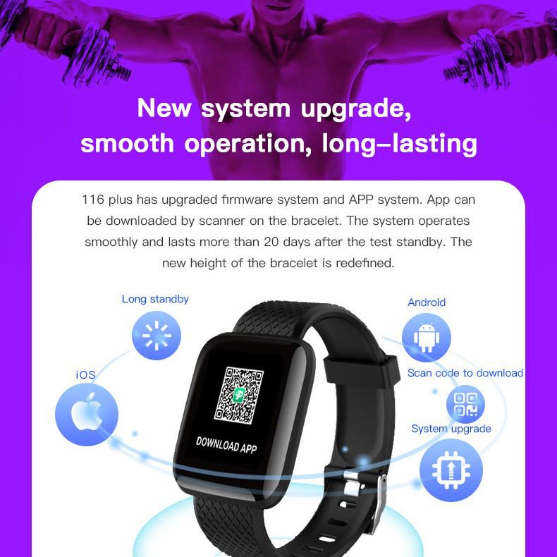 Brățară inteligentă cu ecran color 116plus: Ritm Cardiac, Tensiune Arterială, Monitorizare Fitness, Numărător de Pași, Notificări, Ceas Prietenos cu Studenții.