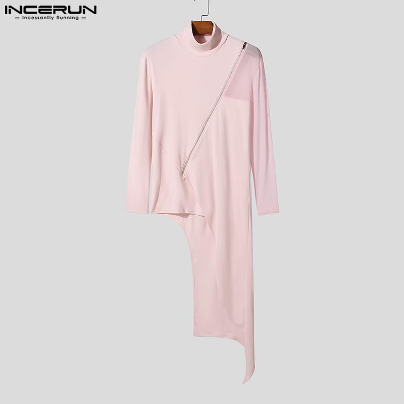 INCERUN Podzimní pánské rolákové topy s dlouhým rukávem, síťovanou patchworkovou aplikací, dlouhá tuniková trička