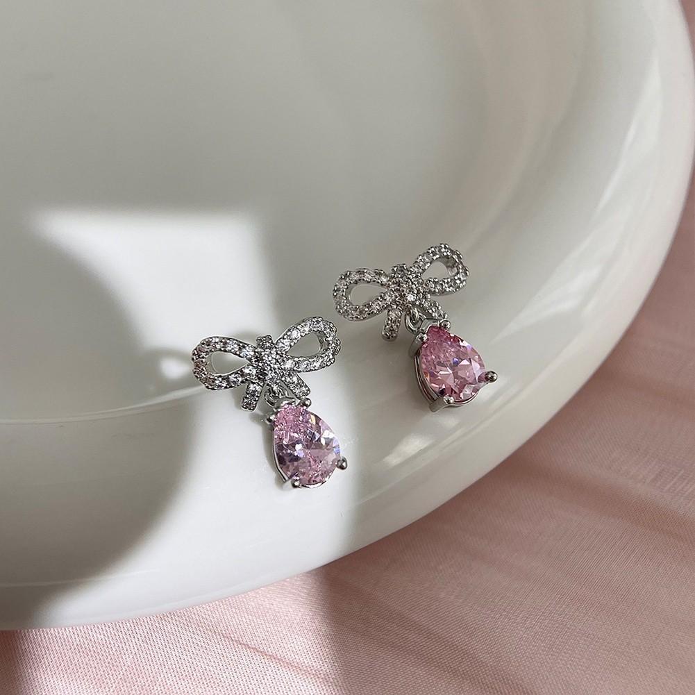 Pink Zircon Heart Bow Earrings for Women with Silver for Everyday Wear