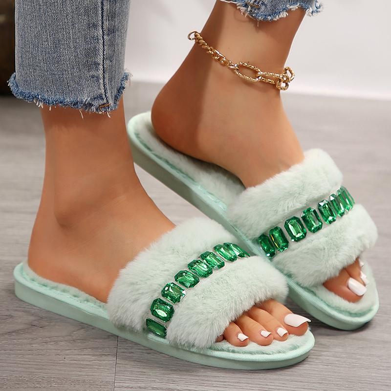 Fashion Fashion Rhinestone Fluffy House Slippers for Women 2025 Winter Warm Faux Fur Flat Slides Woman Open Toe One Strap Plush Slippers