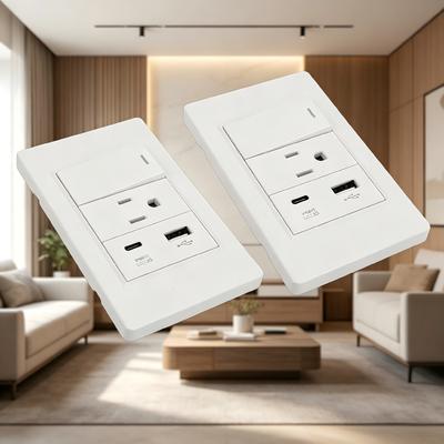 2PCS Electrical Wall Receptacle Outlet 15A 3 Hole Wall Outlet USB 2.1A 5V 10W White Home PC 1 Gang Single Control AC Outlet