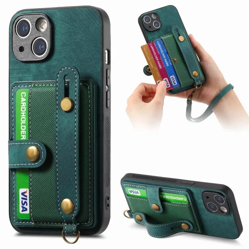 Wrist Strap PU Leather Stand Phone Case for IPhone 13 12 Mini 16 15 14 11 Pro Max XS X XR 8 7 Plus Wallet with Card Holder Cover