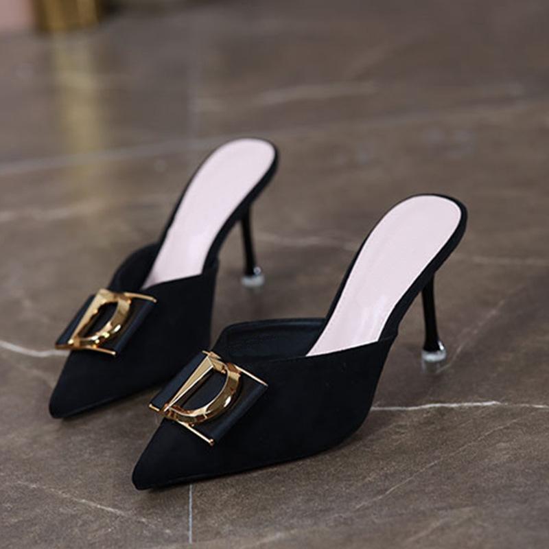 Qiandongge Bag Head High-heeled Half-slippers for Women Wearing Summer Pointed Metal Square Buckle Thin-heeled Cool Slippers