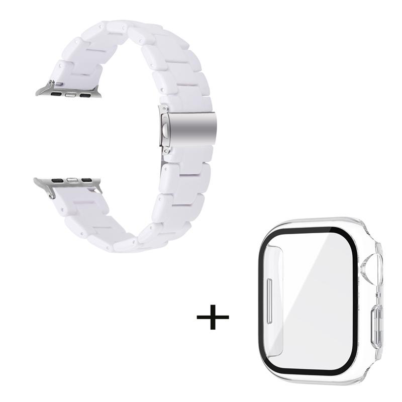 

For Apple Watch Series 6/5/4/SE/SE (2022) 40mm 3 Beads Resin Watch Band Folding Clasp Replacement Strap with Transparent Watch Case Pearl White