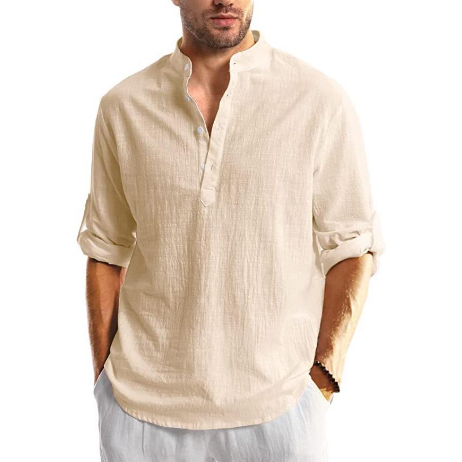 Spring Summer Men s Casual Cotton Blends Henley Shirt Summer Beach Pullover Long Sleeve Hawaiian Shirt Men S абрикосовый