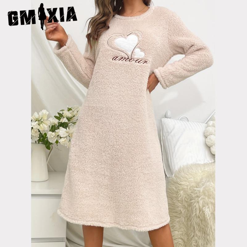 

GMXIA Осенне-зимний женский розовый фланелевый комплект ночной рубашки с длинными рукавами и утолщением, с капюшоном, длинный, милый, для дома S бежевый