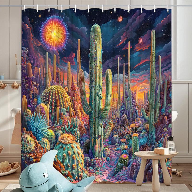 1 Surreal Desert Shower Curtain with Glowing Cacti, Fantasy Neon Plants and Starry Sky Design, Polyester, Vibrant Curtain Design