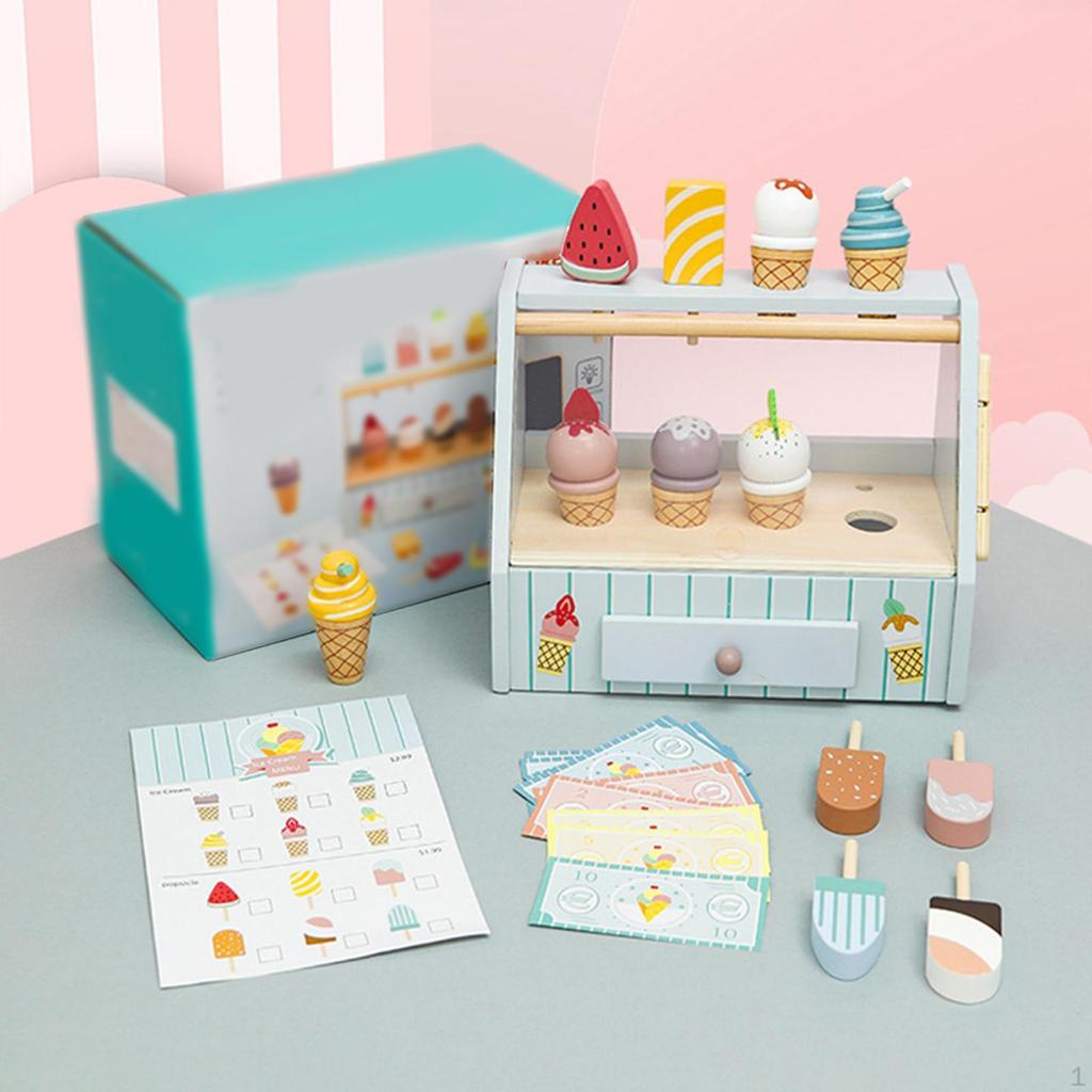 Wooden Ice Cream Counter Playset Food Toys Set Pretend Learning Activity Wood