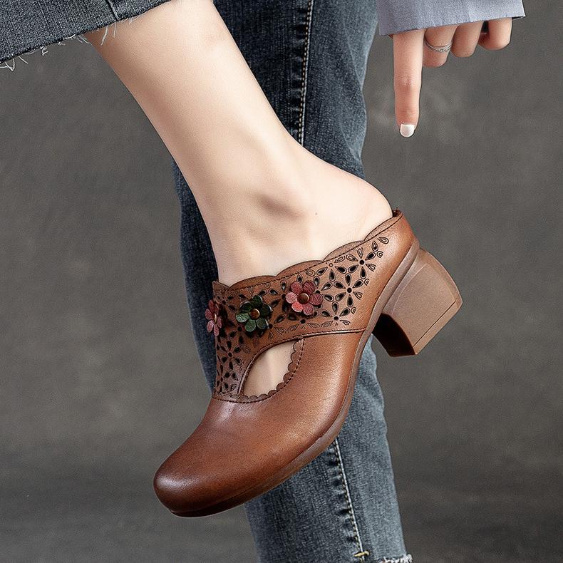 Ethnic Style Flower Mid Heel Slippers Summer New Round Toe Retro Comfortable Versatile Women Shoes Outside Slides