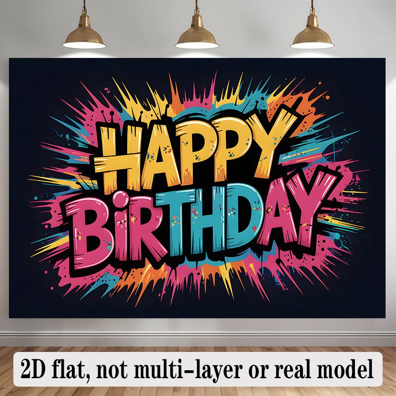 Happy Birthday Gifts Graffiti Party Banner, Polyester Backdrop for Wall Decoration