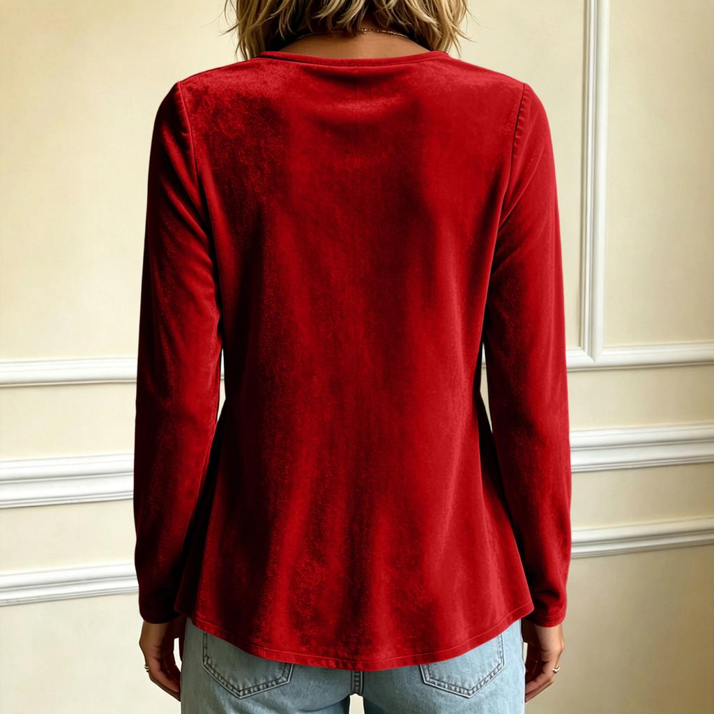 Women's Casual Color V-Neck Long Sleeve Loose Fit Pullover Top for Everyday Wear