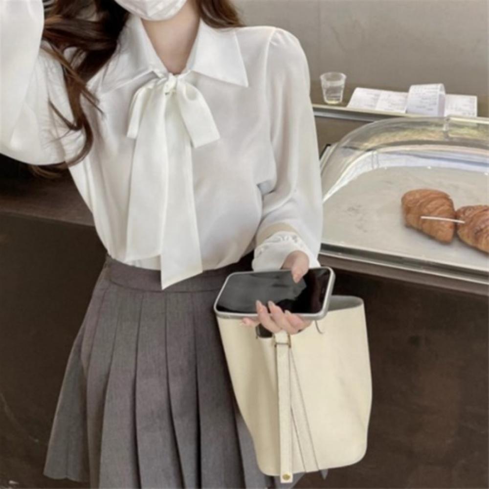 New Arrivals Open Run Women Ribbon Tie White Chiffon Long Sleeve Blouse Business