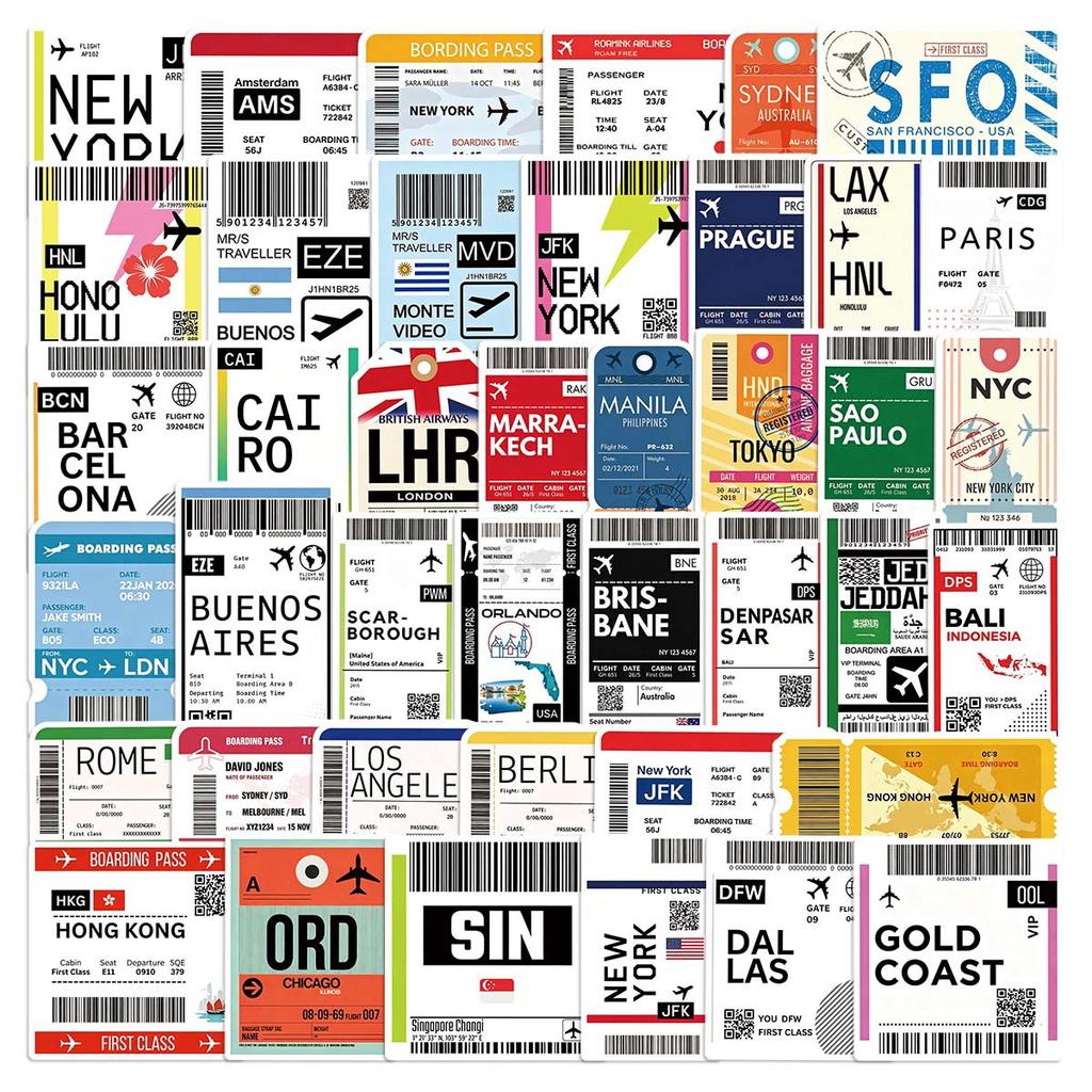 10/50Pcs Boarding Pass Airplane Ticket Stickers Decals For Laptop Scrapbook Luggage Guitar Helmet DIY Graffiti Aesthetic Stickers