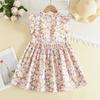 Summer Girls Dress Stand-up Collar Flying Sleeve Floral Skirt Fresh Button Doll Skirt
