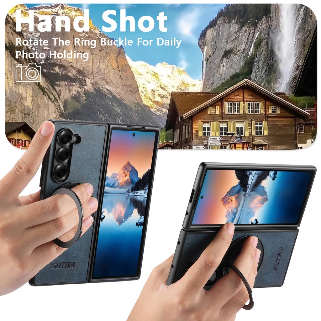 SUTENI G3 For Samsung Galaxy Z Fold5 5G Case Compatible with MagSafe Waxy Texture Rotating Kickstand Leather Phone Back Cover