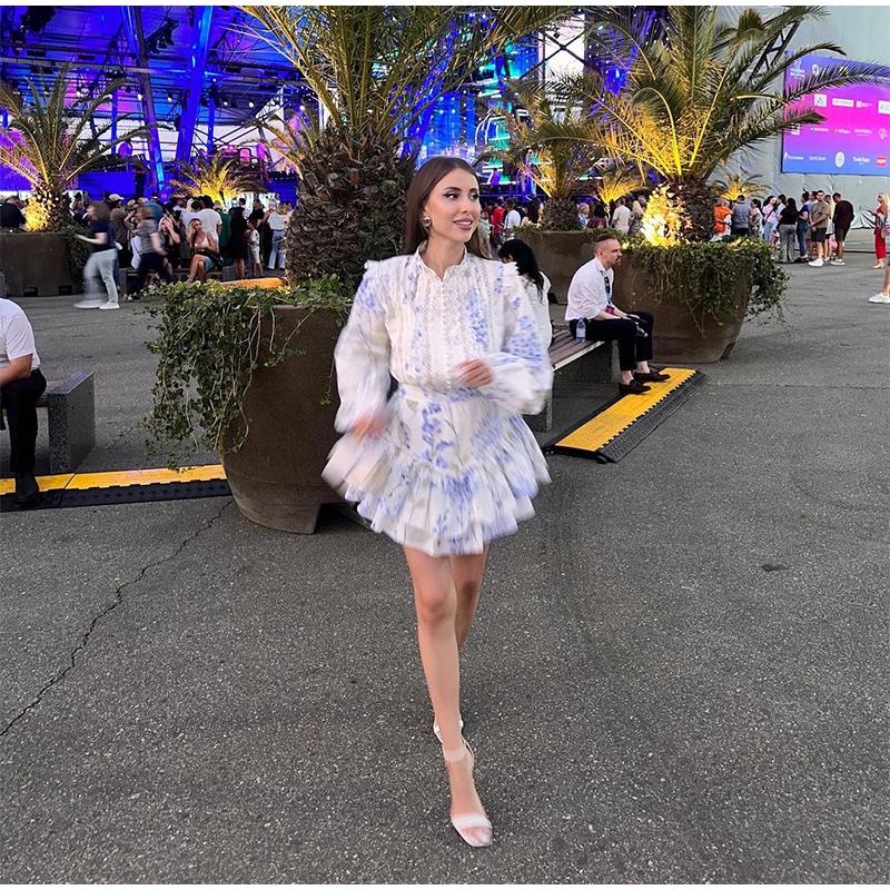 Ladies' Printed Stand Up Collar Bubble Sleeve Long Sleeved Ruffle Edge Short Skirt Casual Slim Fit Dress Blue Print Summer New Collection Waist Dress