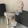 Aneikeh Silver Fashion Ultra Square High Heels Buckle Strap Crystal Diamond Chunky Platform Women's Sandals Wedding Prom Shoes