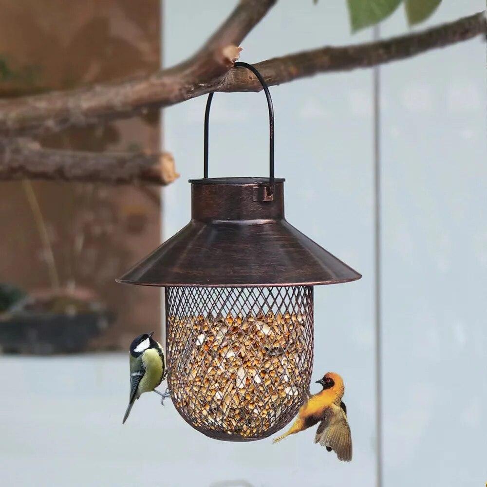 Eulenförmiger Futterspender und ein solarbetriebener Vogelfutterspender, Hochbelastbarer Kupfermetallgitter-Wildfinkenfutterspender für die Dekoration von Außengarten, Terrasse