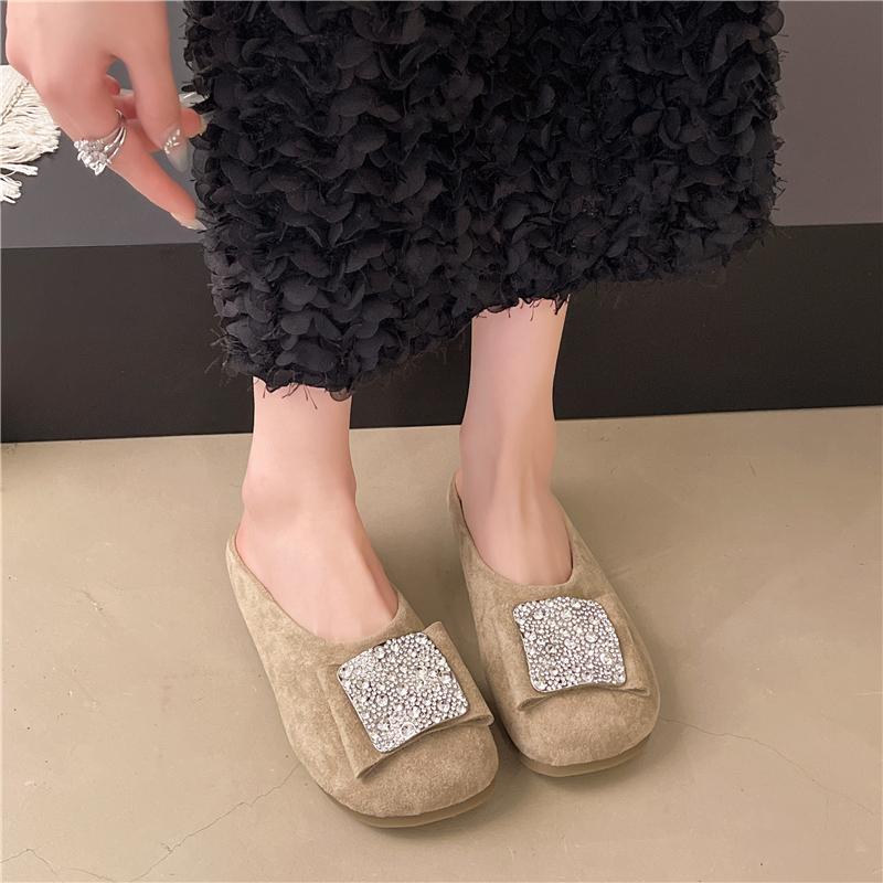 

Модная легкая обувь на плоской подошве, летняя новинка, с круглым носком, с глубоким вырезом, с хрустальной пряжкой, из замши, на мягкой подошве, противоскользящие, износостойкие тапочки 40 хаки