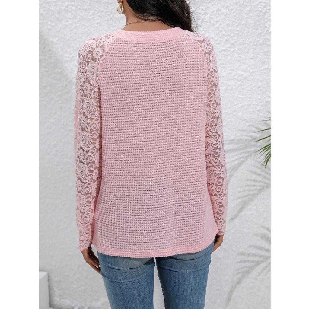 Blouses & Shirts - Women's Top, , Sexy Hollow Out Lace Patchwork Sheer Crew Neck Blouse
