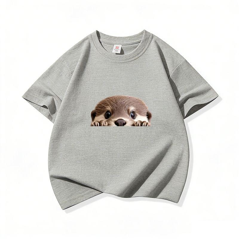 Kinder Baumwoll-T-Shirt Niedlicher Peekender Otter Aufdruck Rundhalsausschnitt Kurzarm T-Shirt Lässig Atmungsaktiv Jungen Mädchen Sommer Oberteile