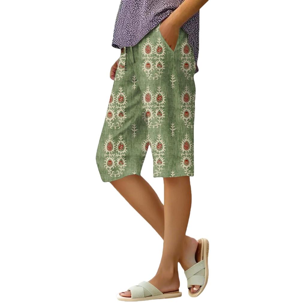 Women's Summer Fashion Retro Floral Polka Dot Print Knee Length Lightweight Elastic Waist Casual Pocket Shorts
