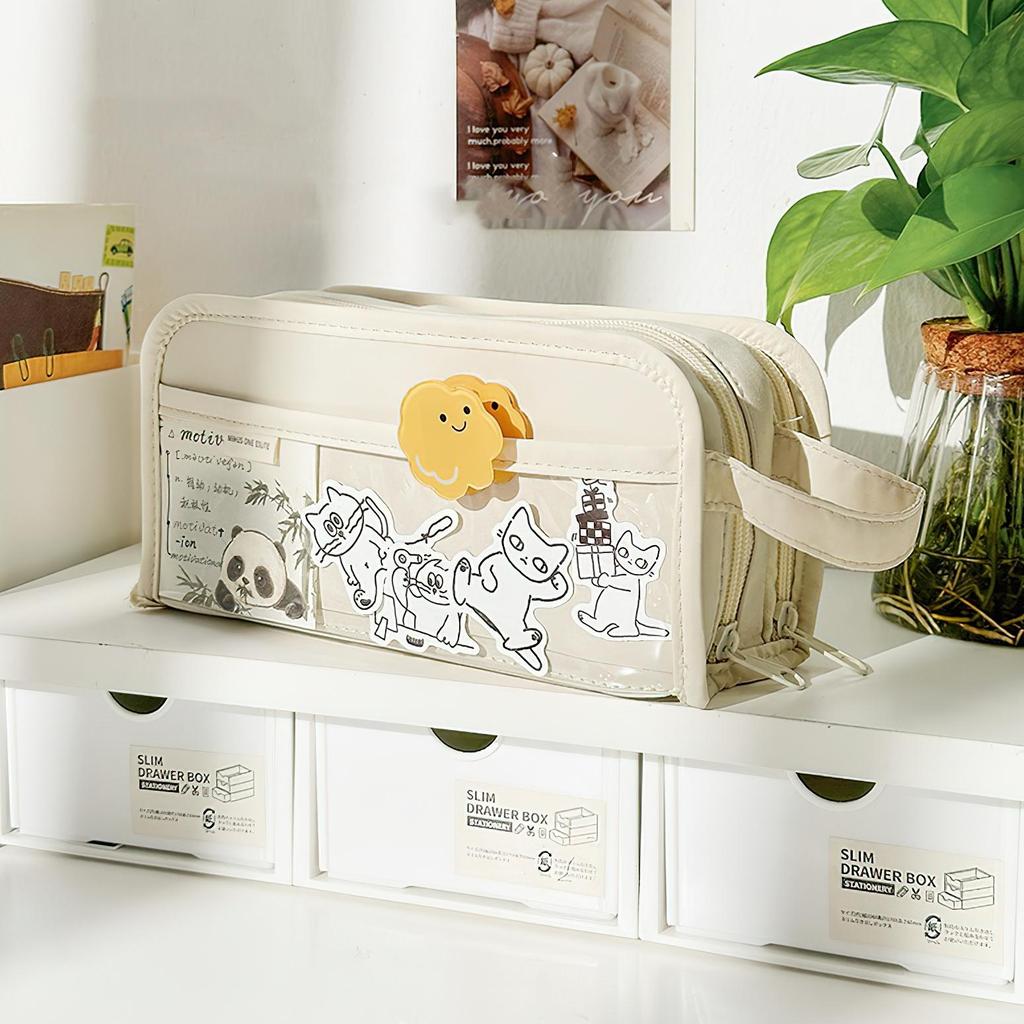 Double-sided Pencil Bag Pen Case 5 Compartments Multi Pocket Handbag Storage Pouch for Stationery School