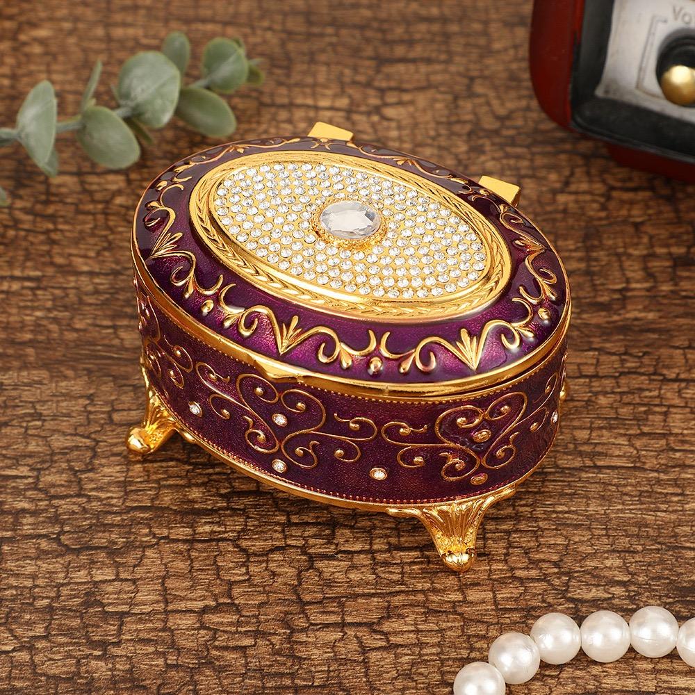 European Style Mini Jewelry Storage Box Organizer Portable Ellipsoid Inlaid Gem Alloy Necklace Ring Storage Dresser Display Case