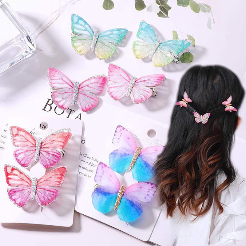 Cute Girls Butterfly Crystal Colorful Hair Clips Barrette Cartoon Hairpin 2PCS