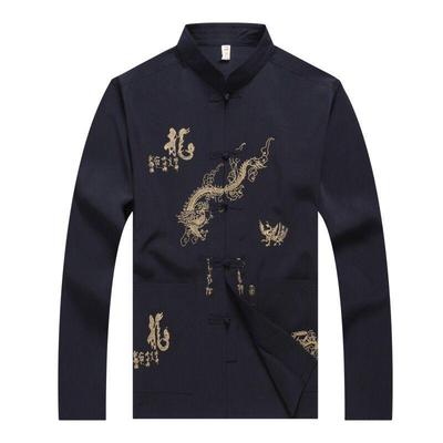 Summer Dragon Tang Suit Set: Men's Long Sleeve Hanfu Top & Tai Chi Suit with Embroidery for Middle-Aged & Elderly.