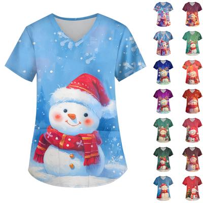 Damen Weihnachten Bedruckt Modisch V-Ausschnitt Tasche Kurzarm Uniform Und Pflegekraft Oberteil