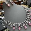 Stylish Luxury Studded With Diamond Pink Water Drop Zircon Pendant Necklace Clover Earrings Dress Jewelry Set