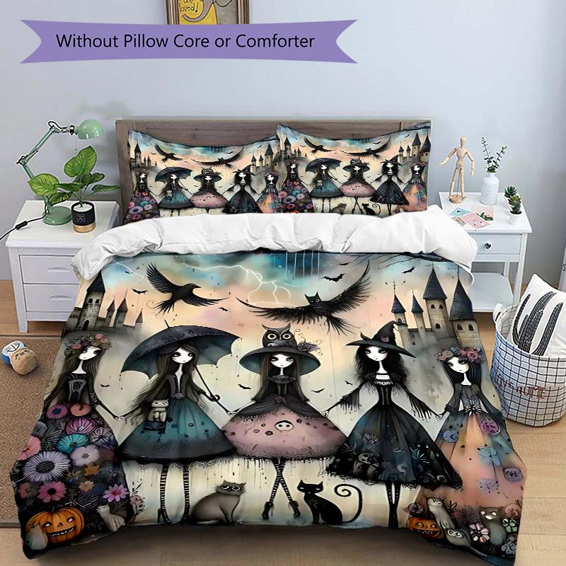 

3pcs Halloween Witch Theme Comforter Set with One Quilt Cover and Two Pillowcases (No Core) - Anime Cartoon Design, Polyester Fabric, Perfect for Bedr 135x200cm