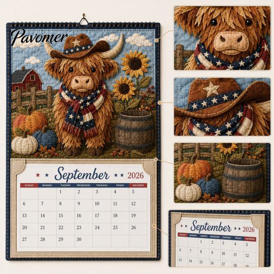 Highland Cow Wall Calendar Farmhouse DIY Kit for 12 Months, Handmade Personalized Paper And Cloth Craft Set, Rustic Home Office Decor Monthly