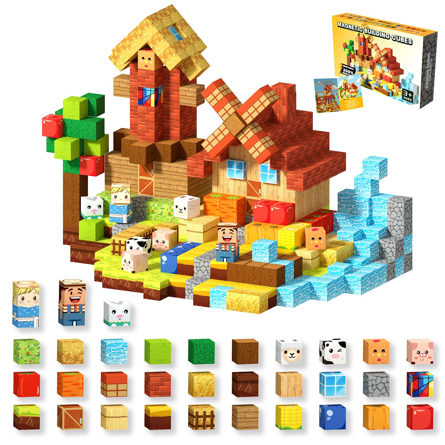 Windmill Farm 150-Piece Luxury Set with Powerful Magnets, Magnetic Building Blocks, Educational Toy, STEM Puzzle, Safe, Fosters Creativity,