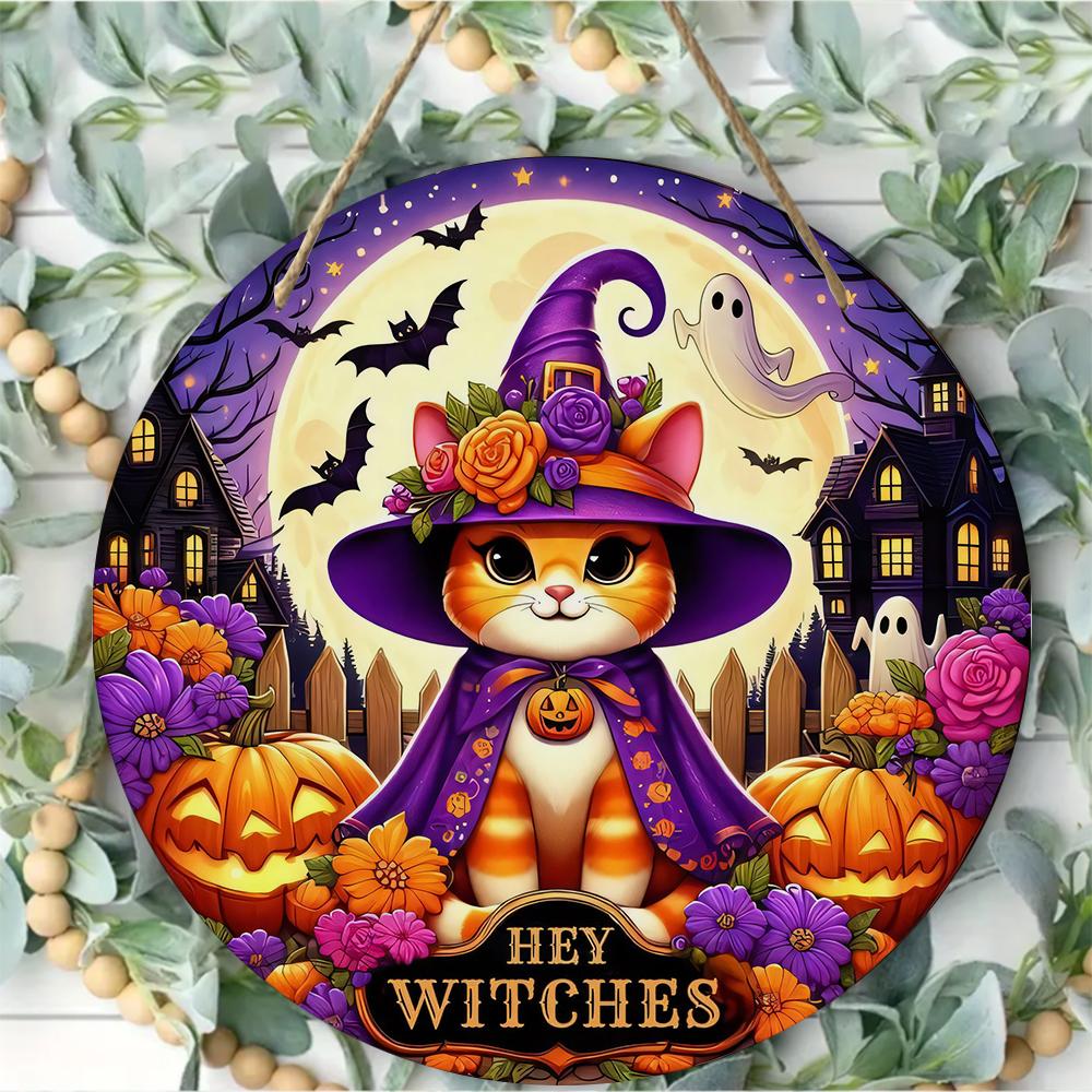 Cute Halloween cat witch themed round wooden hanging plaque spooky pumpkin floral wall sign indoor outdoor home festival party decor gift
