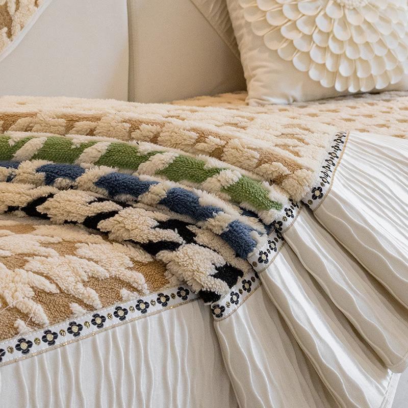 Velvet Color Matching Pleated Stitching Sofa Cushion Winter Retro Special-Shaped Thick Warm Sofa Cover Cover Cloth
