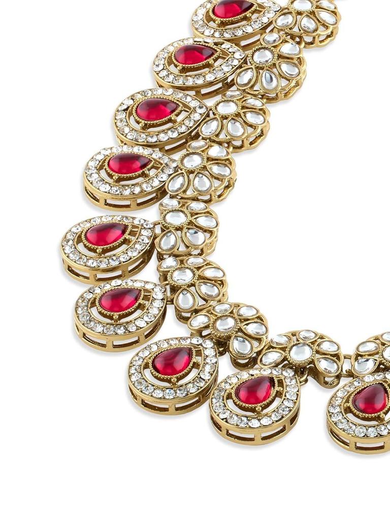 Pink Stones Antique Plated Traditional Kundan Necklace Earring & Maangtikka Set For Women