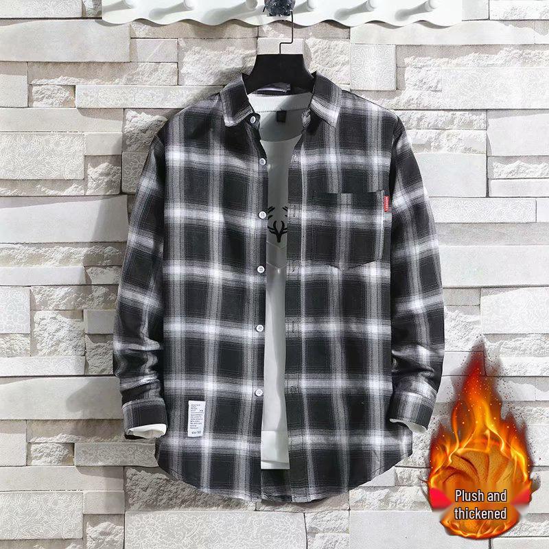 Men's Slim-Fit Fleece-Lined Plaid Button-Down Shirt - Korean Style Warm Casual Top