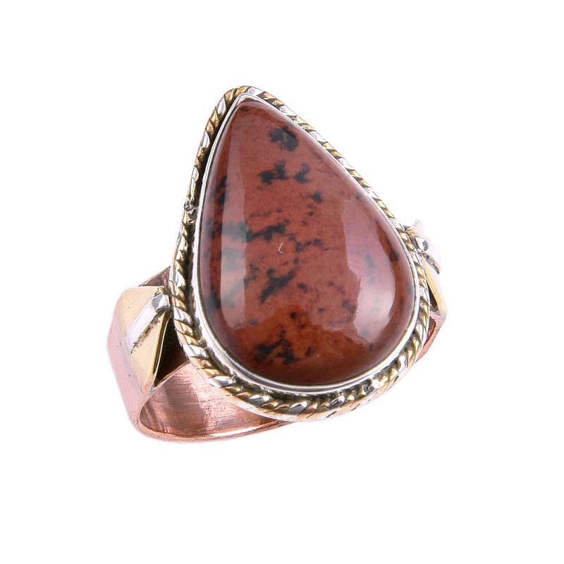Natural Mahogany Red Obsidian Gemstone TwoTone 925 Sterling Silver Ring S.8 A7C30