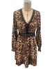 French Women Retro Style V Neck Leopard Long Sleeve Lace Patchwork Long Sleeve Dress Mature Style French Retro Slim Sexy Elegant Women Maxi Dress