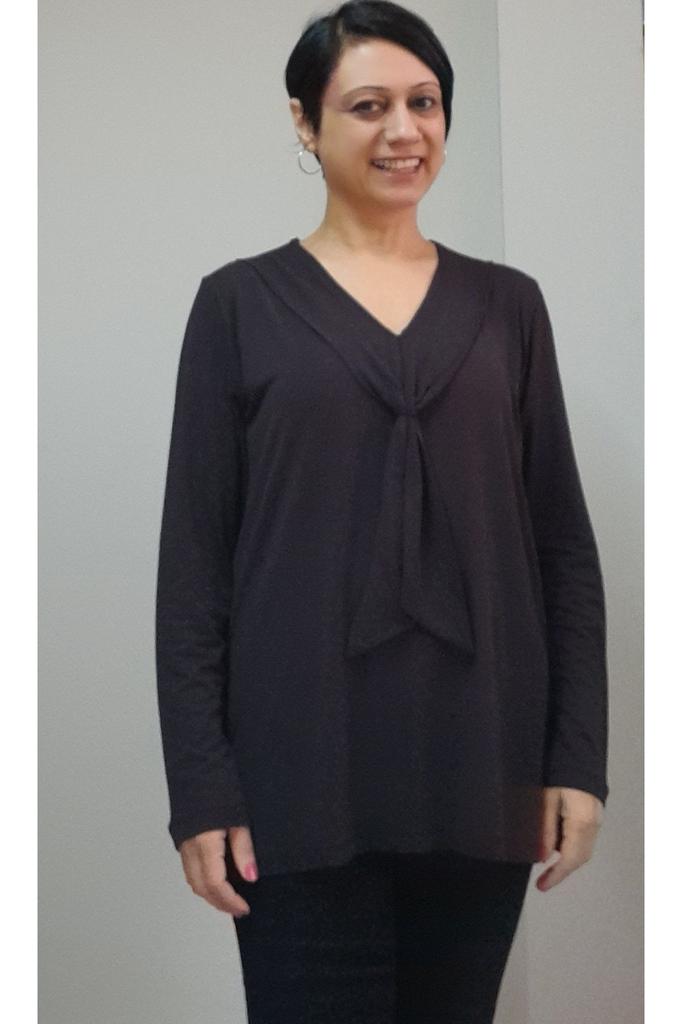 Damski Styl Duży Rozmiar T-Shirt Czarny Wygląd Szalika Czesana Wiskoza Długi Rękaw