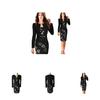 Women Splice Long Sleeve Belt Work Business Cocktail Formal Gown Dress Pencil
